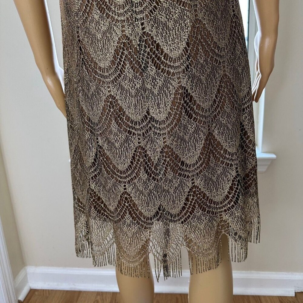 Dressbarn Shift Dress Size L/10 Shiny Brown Dark Lined Fringe Hem Sleeveless - Picture 8 of 15